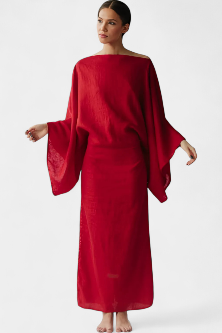 Kamilia Robe Kimono Midi en Lin et Coton avec Ceinture Assortie