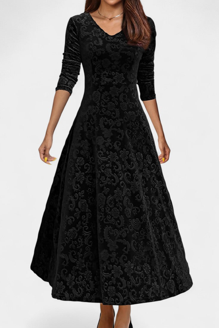 Alexane Robe Longue en Velours à Imprimé Floral et Col en V