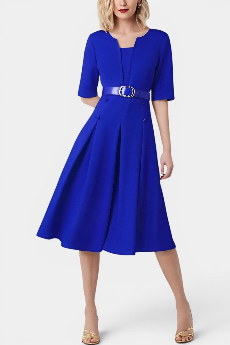 Freya - Robe Midi Plissée Ceinturée Encolure Fendue