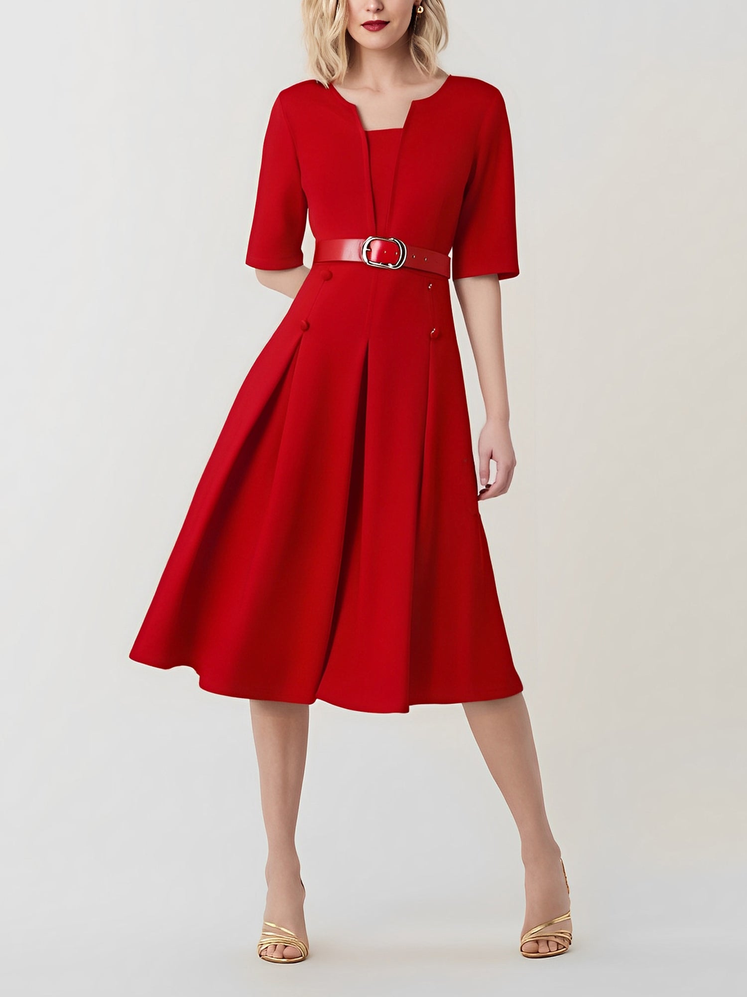 Freya - Robe Midi Plissée Ceinturée Encolure Fendue