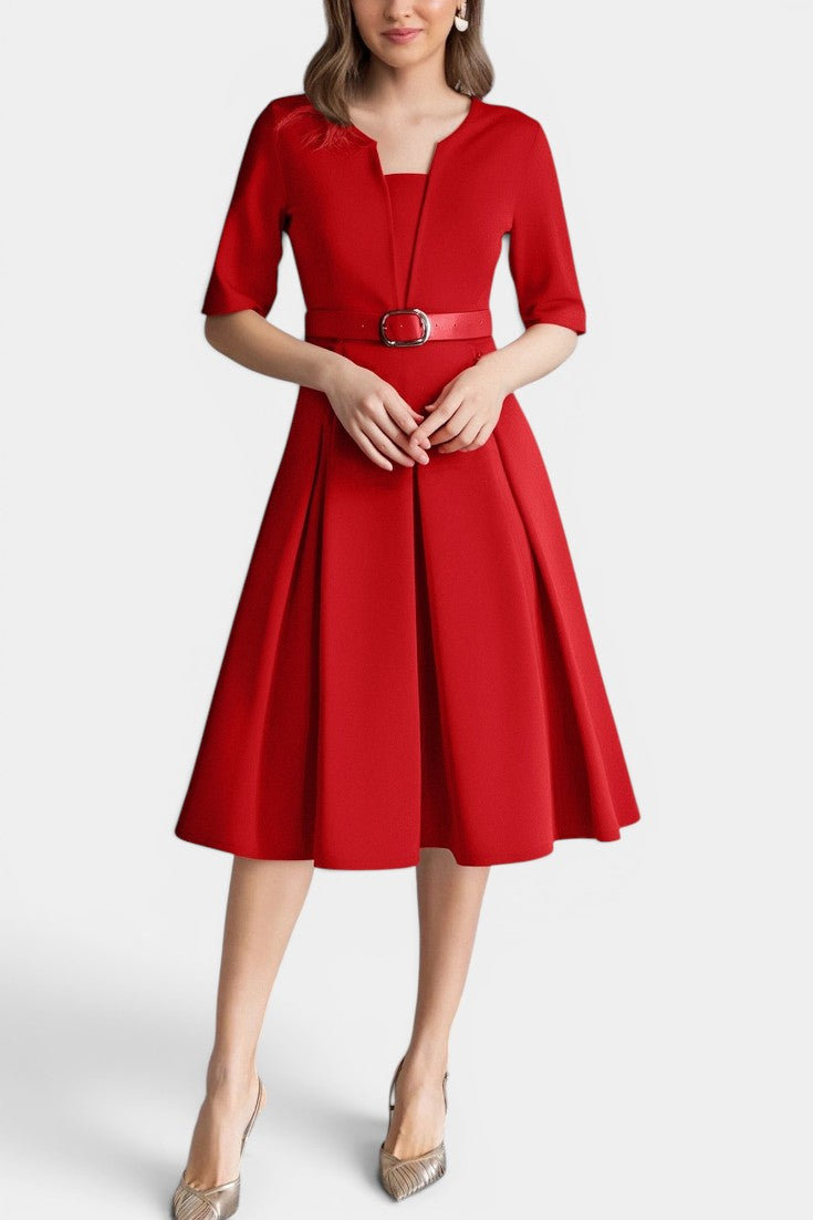 Freya - Robe Midi Plissée Ceinturée Encolure Fendue