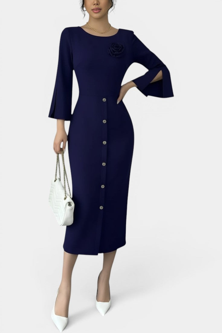 Maren - Robe Midi Boutonnée Fleur en Relief