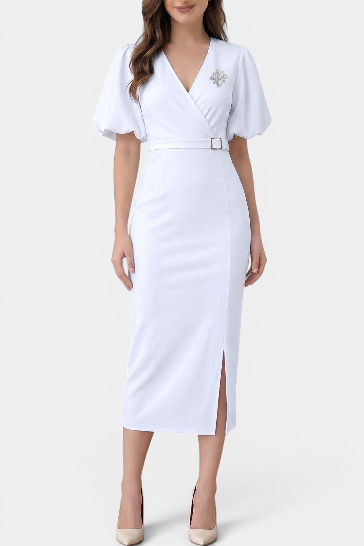 Astrid - Robe Midi Cache-Cœur Manches Ballon