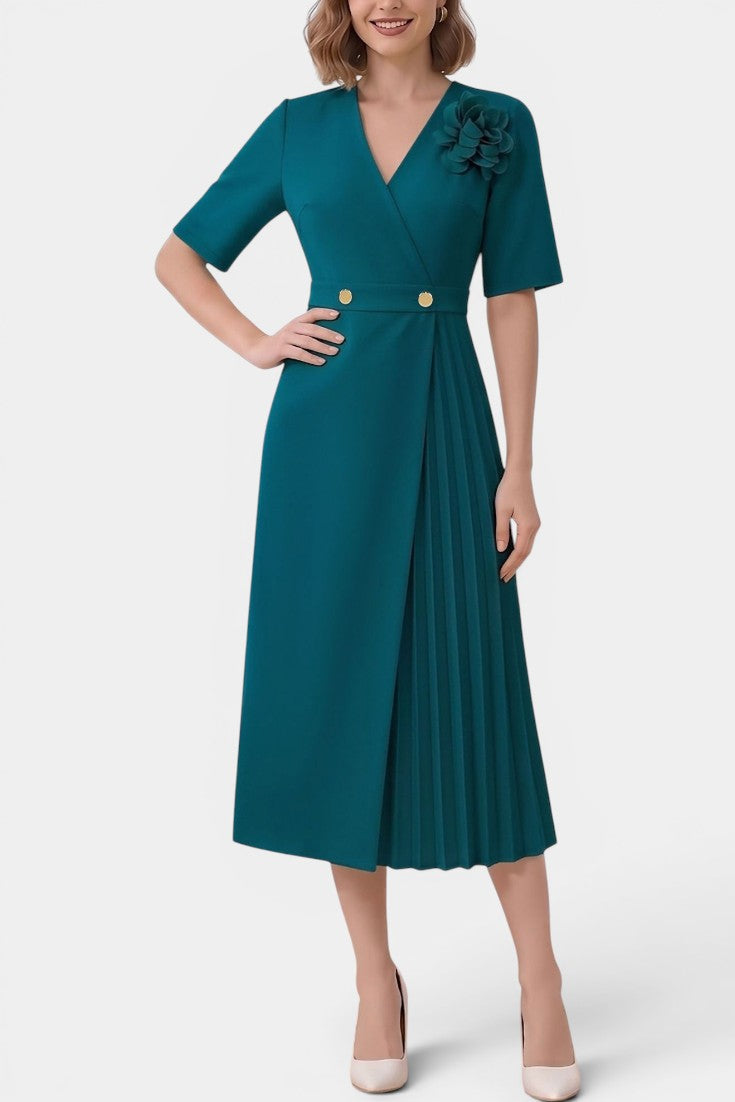 Léonide - Robe Midi Portefeuille Plissée Fleur Épaule