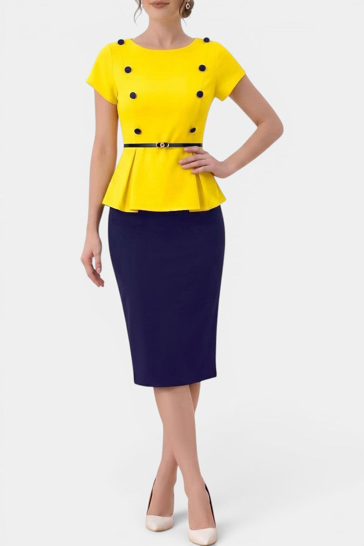 Honorée - Robe Midi Péplum Boutons Contrastés